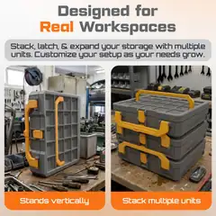 Workshop lifestyle graphic showing a Graphite Modular storage box standing vertically and several stacked together on a workbench.